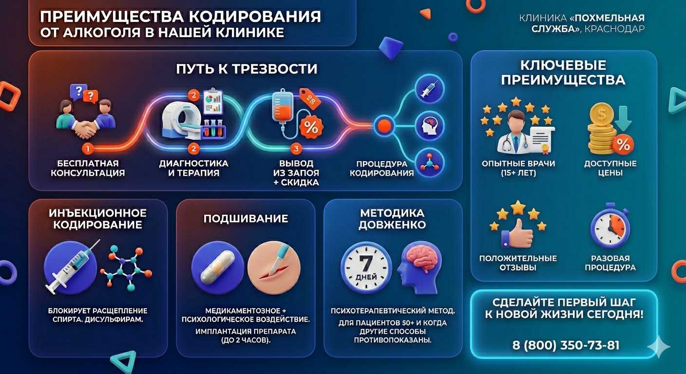 Инфографика о методах кодирования от алкоголя в Балашове: инъекции, подшивание, метод Довженко. Преимущества клиники и этапы лечения.